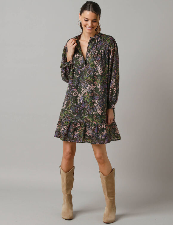 Robe courte boutonnée, manches amples (kaki / rose) Robe courte boutonnée, manches amples (kaki / rose)